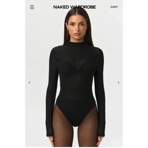 Naked Wardrobe Black Mesh Long Sleeve Bodysuit Sz M NWT